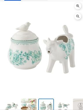 New Pioneer Woman Agatha Green Floral Sugar Jar & Cow Creamer Set